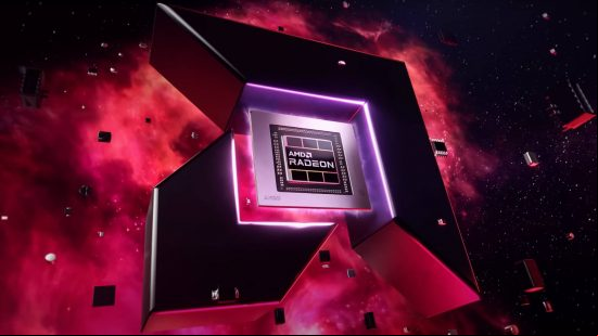 AMD Radeon RX 7800 release date speculation: a large AMD logo appears with a piece of hardware inside against a purple sky.