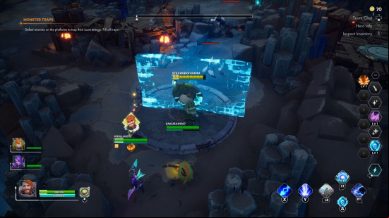 Evercore Heroes Ascension early access release date: a top down view of three heroes as they battle monsters.