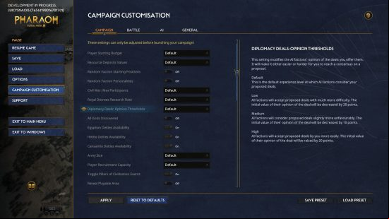 Total War Pharaoh campaign - The customization menu, with options to adjust the features and difficulty of the mode.