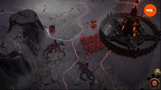 Two Abyss Striders approach Pandaemonium while the ground nearby is strewn with the bodies of a defeated Legion in Solium Infernum.