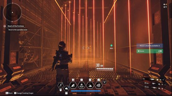 The First Descendant release date: a woman looking at a room filled with orange lasers.