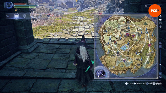 Elden Ring Nightreign review: The Recluse stands in the shadow of a castle's ramparts as the circle of blue flame begins to consume the edges of Limveld's map.