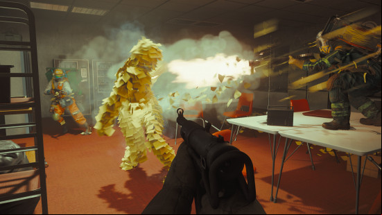 Player character points a gun at a person covered from head to toe in post-it notes.