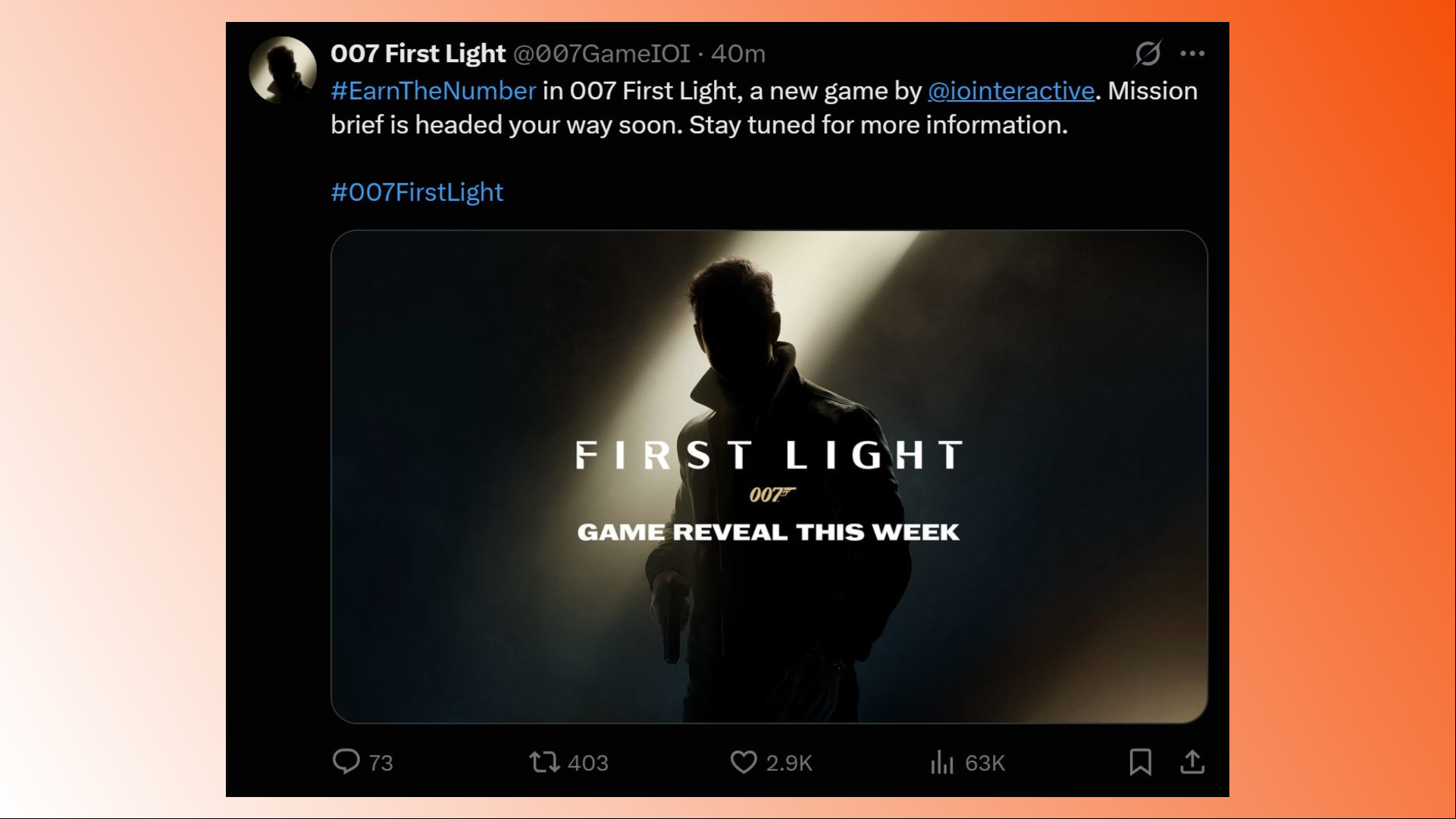 007 First Light: An X post announcing a new 007 game